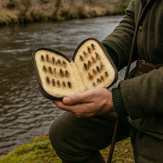 Person holding a case of fly fishing lures by a river