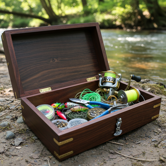 Wooden tackle box with fishing gear on a natural background