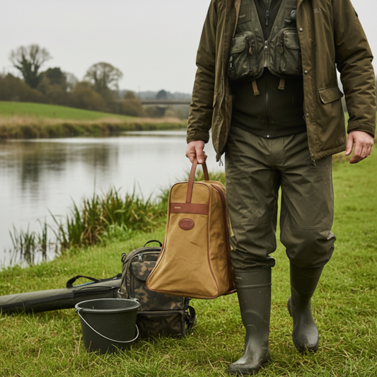 Man in fishingattire holding a tan welly bag by a river