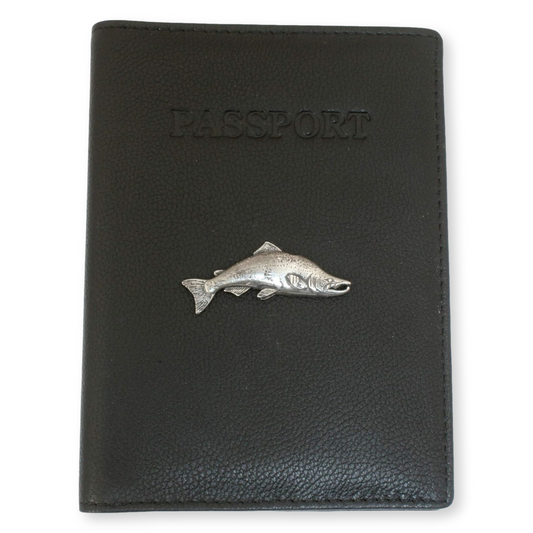 Trout, Salmon, Fly & More Black Leather Passport Holder | Fly Fishing