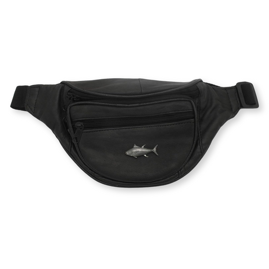 Sea Fishing Black Leather Bumbag With Adjustable Strap