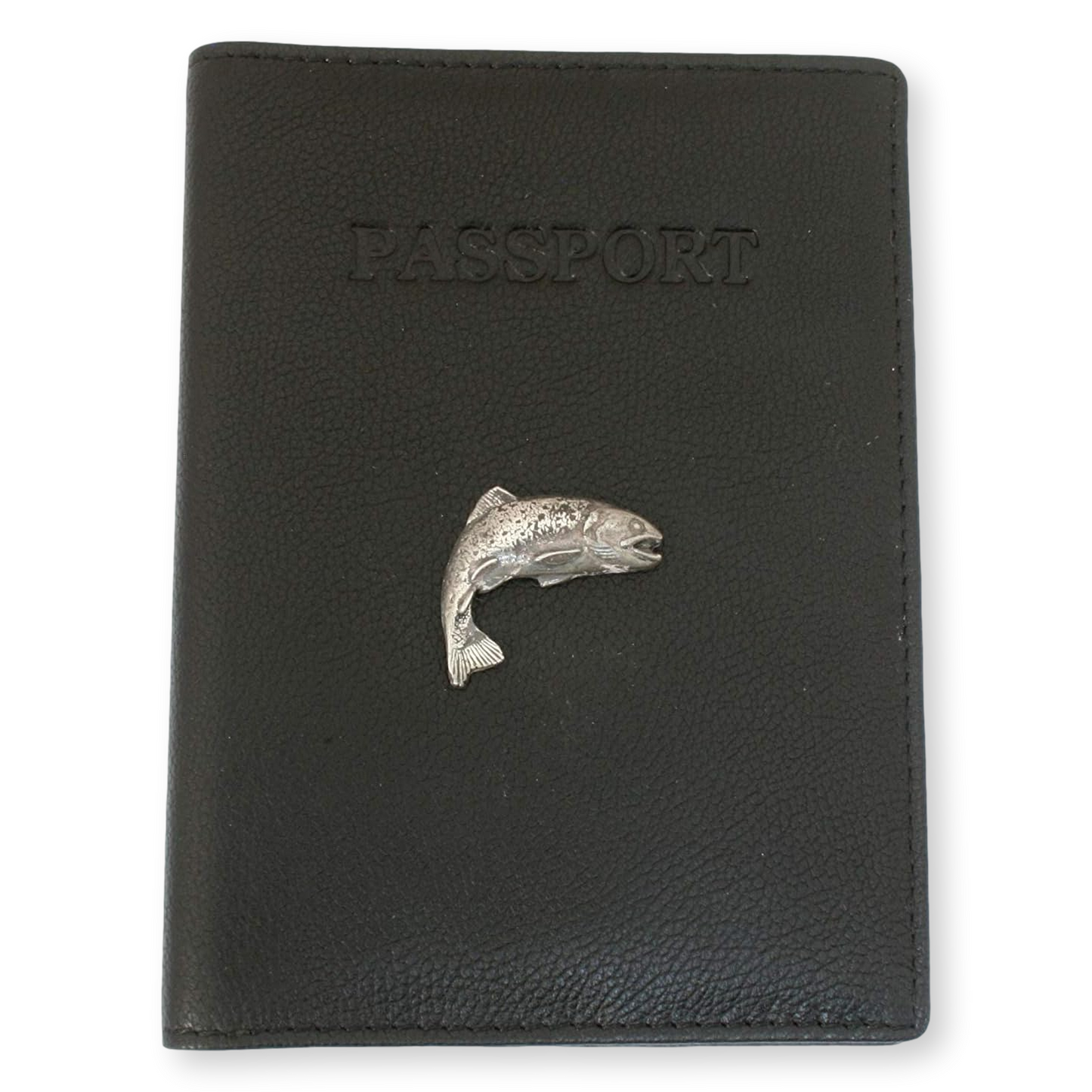 Trout, Salmon, Fly & More Black Leather Passport Holder | Fly Fishing