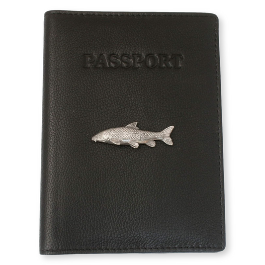 Barbel, Carp, Pike & More Black Leather Passport Holder | Coarse Fishing