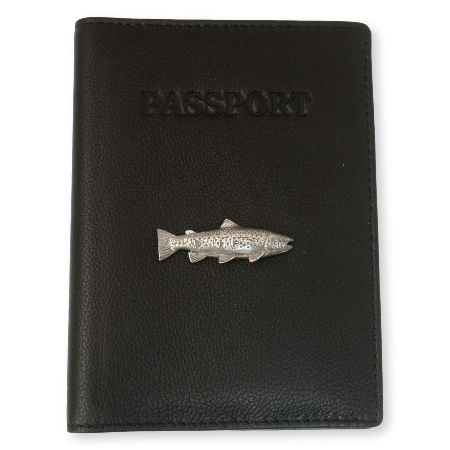 Trout, Salmon, Fly & More Black Leather Passport Holder | Fly Fishing