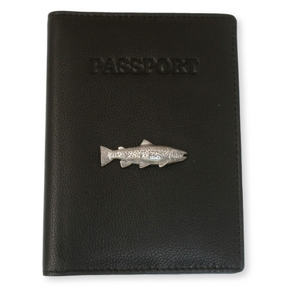 Trout, Salmon, Fly & More Black Leather Passport Holder | Fly Fishing