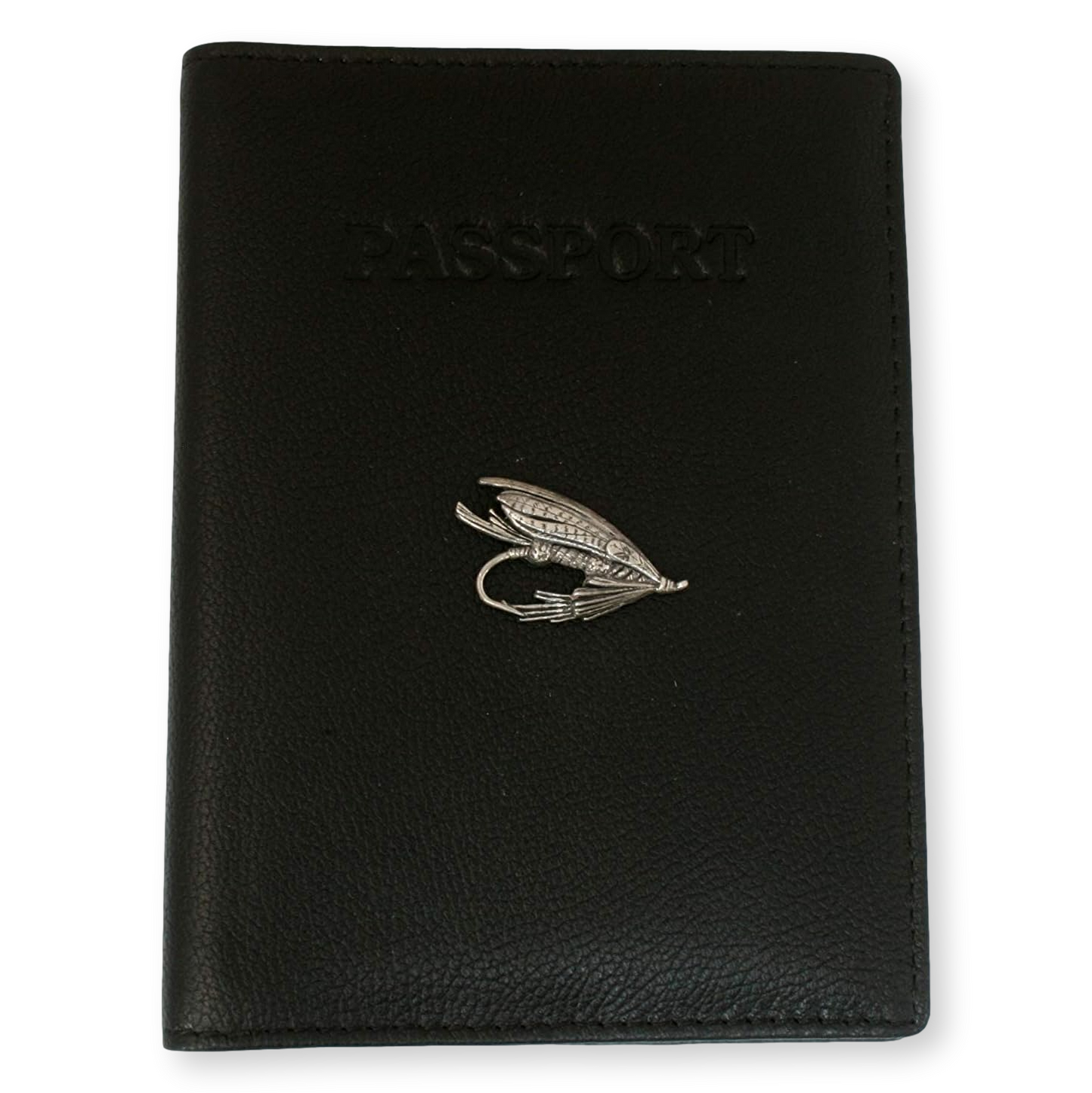 Trout, Salmon, Fly & More Black Leather Passport Holder | Fly Fishing