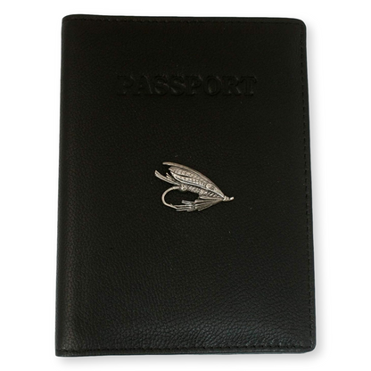 Trout, Salmon, Fly & More Black Leather Passport Holder | Fly Fishing