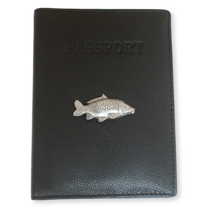 Barbel, Carp, Pike & More Black Leather Passport Holder | Coarse Fishing