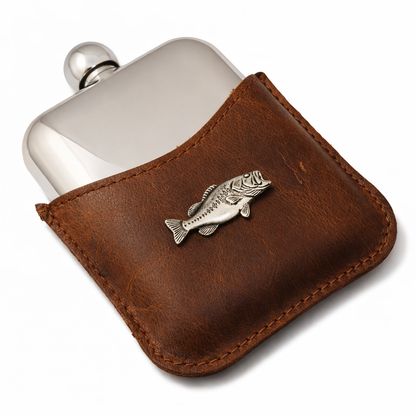 Silver flask with brown leather pouch featuring a bass emblem on a white background