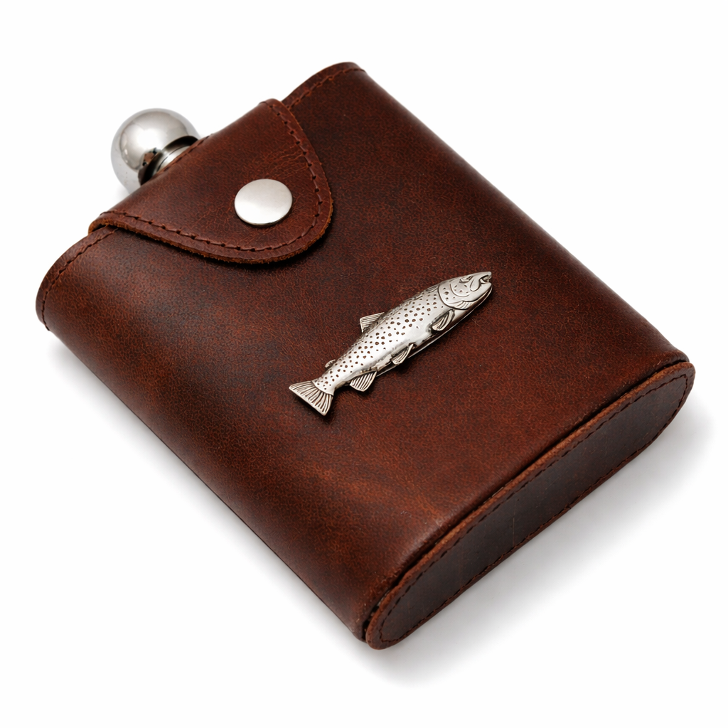 Fly Fishing 6oz Flask In Leather Popper Jacket