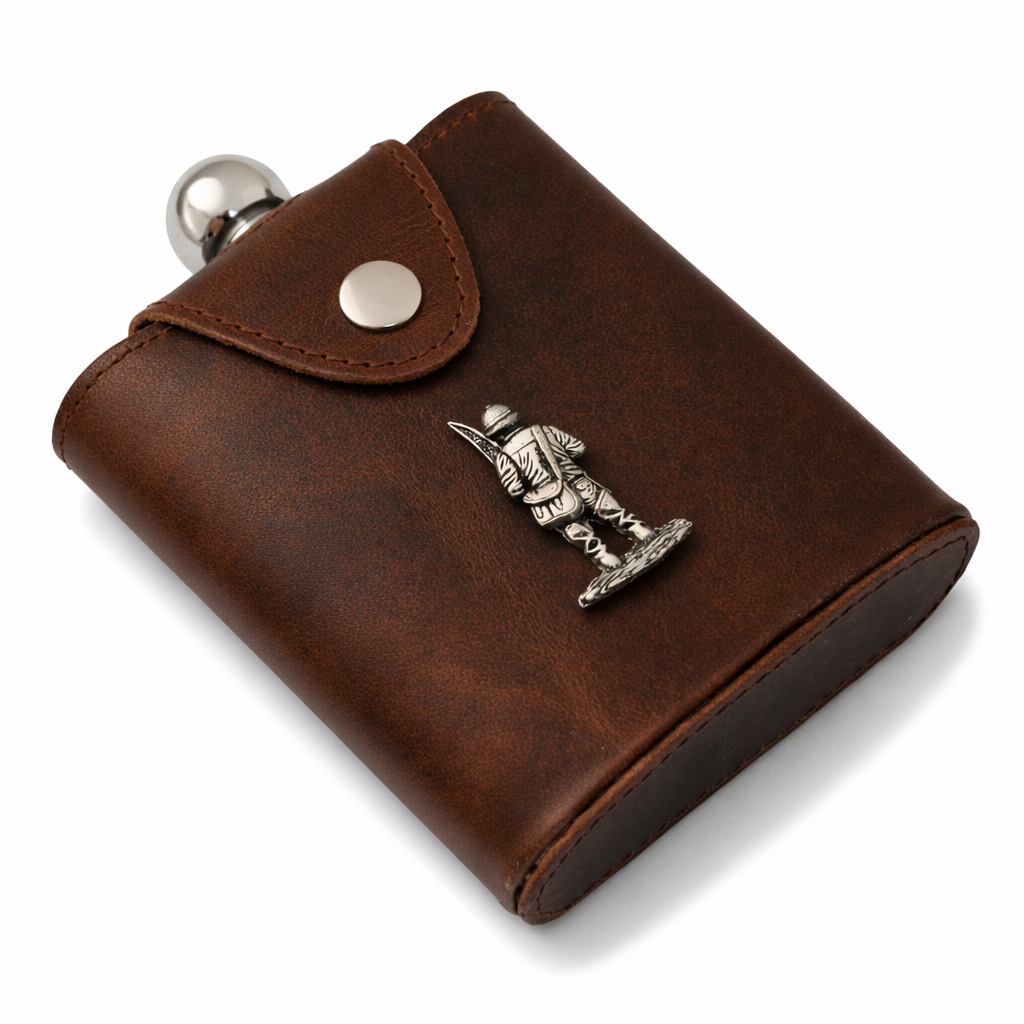 Fly Fishing 6oz Flask In Leather Popper Jacket
