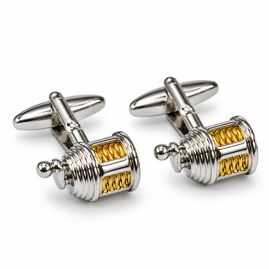 Silver and gold-tone fishing reel cufflinks in a presentation gift box, ideal gift for anglers and fishing enthusiasts.
