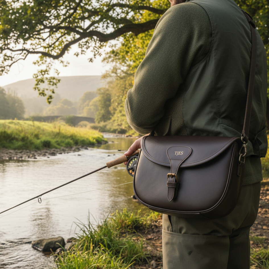 Personalised Initials Leather Fishing Satchel Side Bag with Shoulder Strap