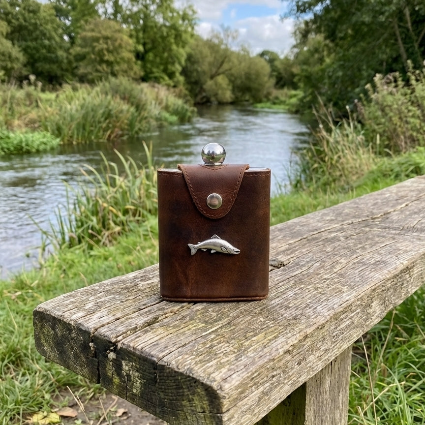 Fly Fishing 6oz Flask In Leather Popper Jacket