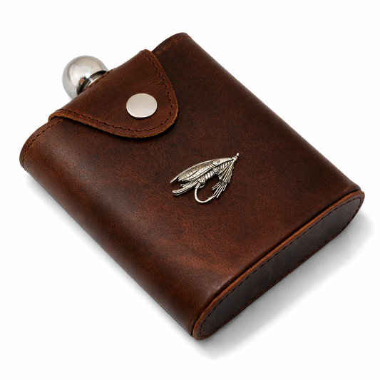 Fly Fishing 6oz Flask In Leather Popper Jacket