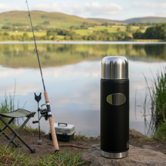 Black thermos with silver lid on a rock by a lake with fishing equipment in the background