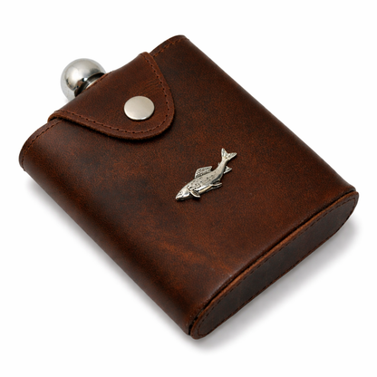Fly Fishing 6oz Flask In Leather Popper Jacket