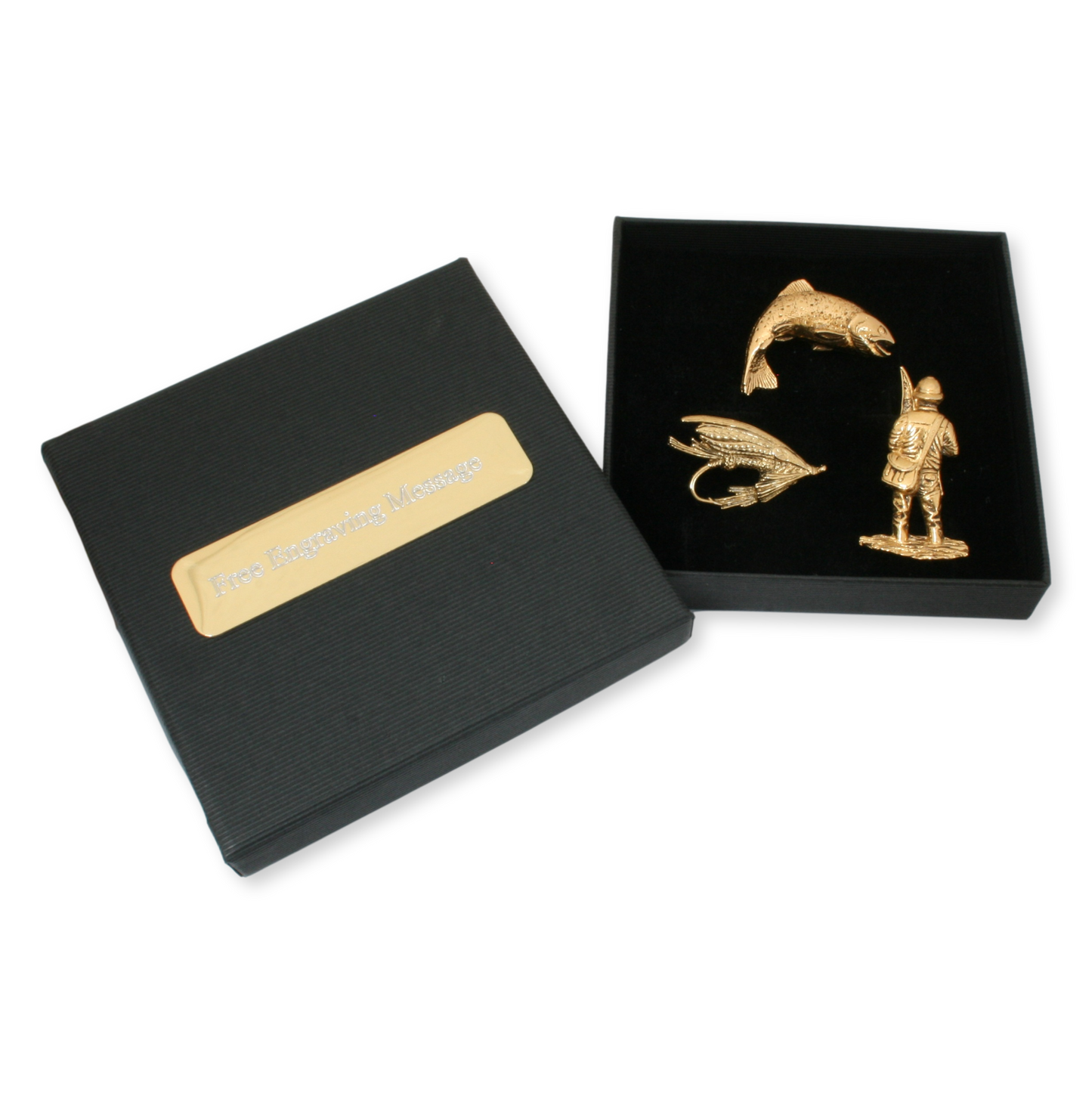 Fishing Set Of 3 Gold Plated Pin Badge Lapels With Engraving