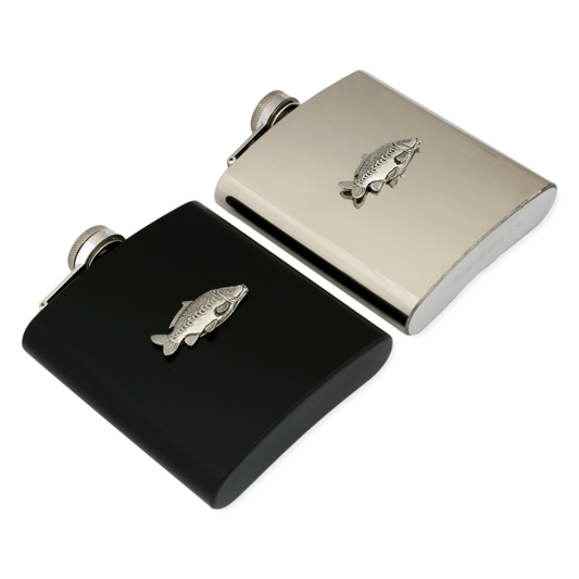 Mirror Carp Hip Flask Silver or Black Traditional Shape 6oz Personalised