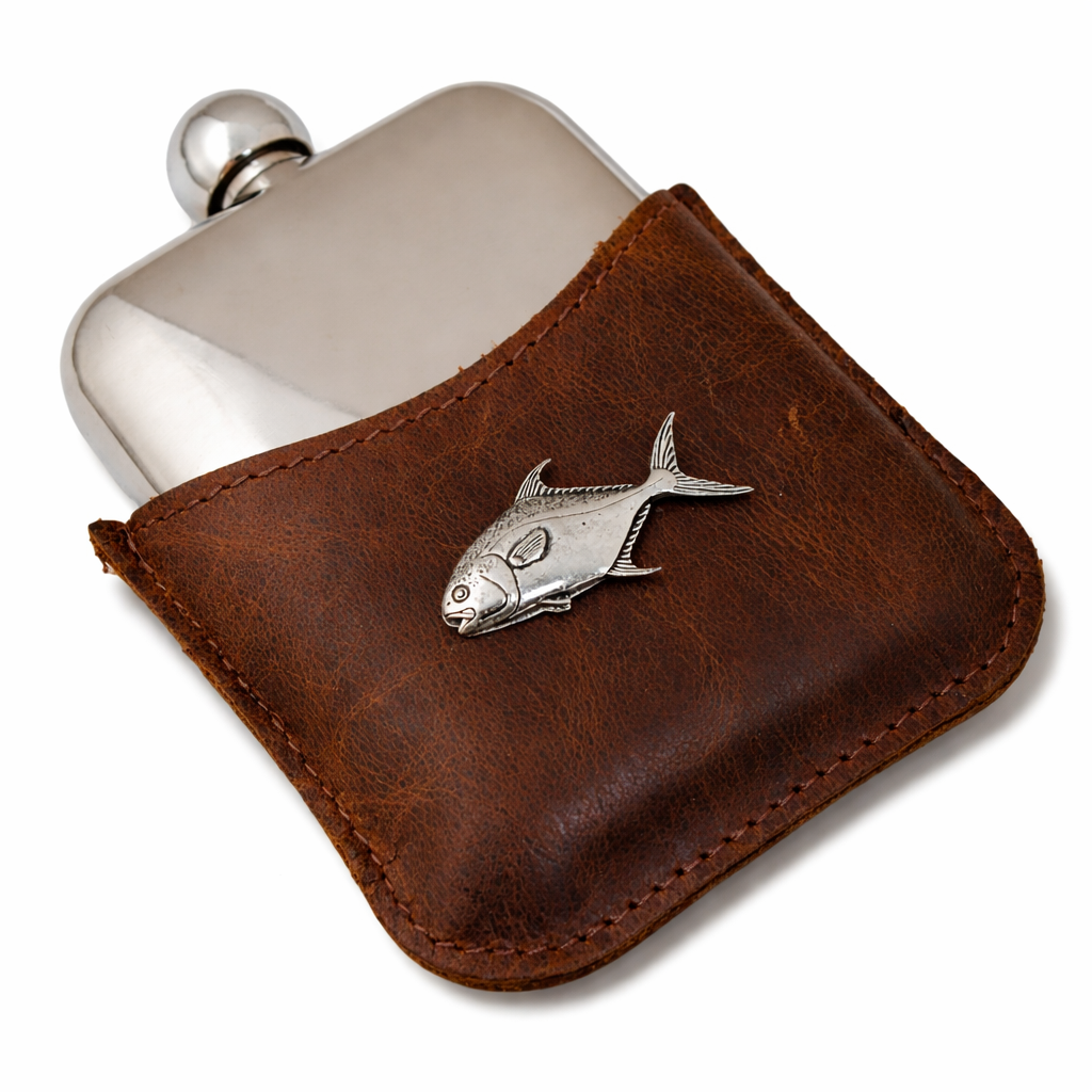 Silver flask with permit emblem in a brown leather case on a white background