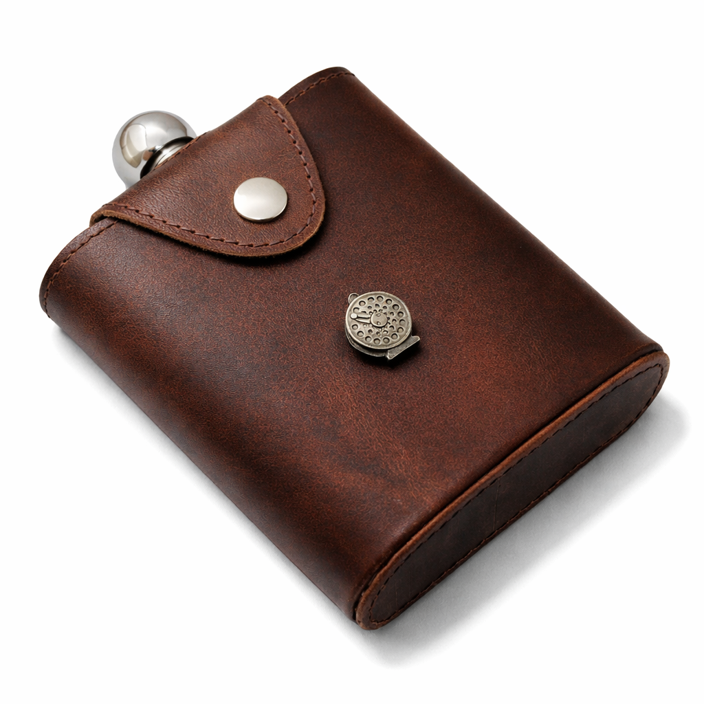 Fly Fishing 6oz Flask In Leather Popper Jacket