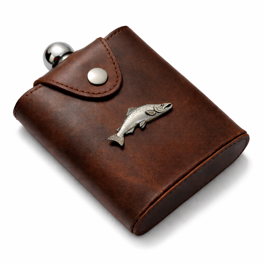 Fly Fishing 6oz Flask In Leather Popper Jacket