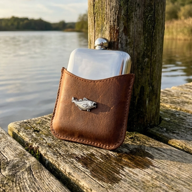 Silver flask in a brown leather case on a wooden dock by a body of water.