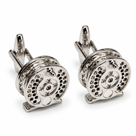 Fishing Fly Reel Pair of Metal Cufflinks with T-Bar Personalised Gift Box