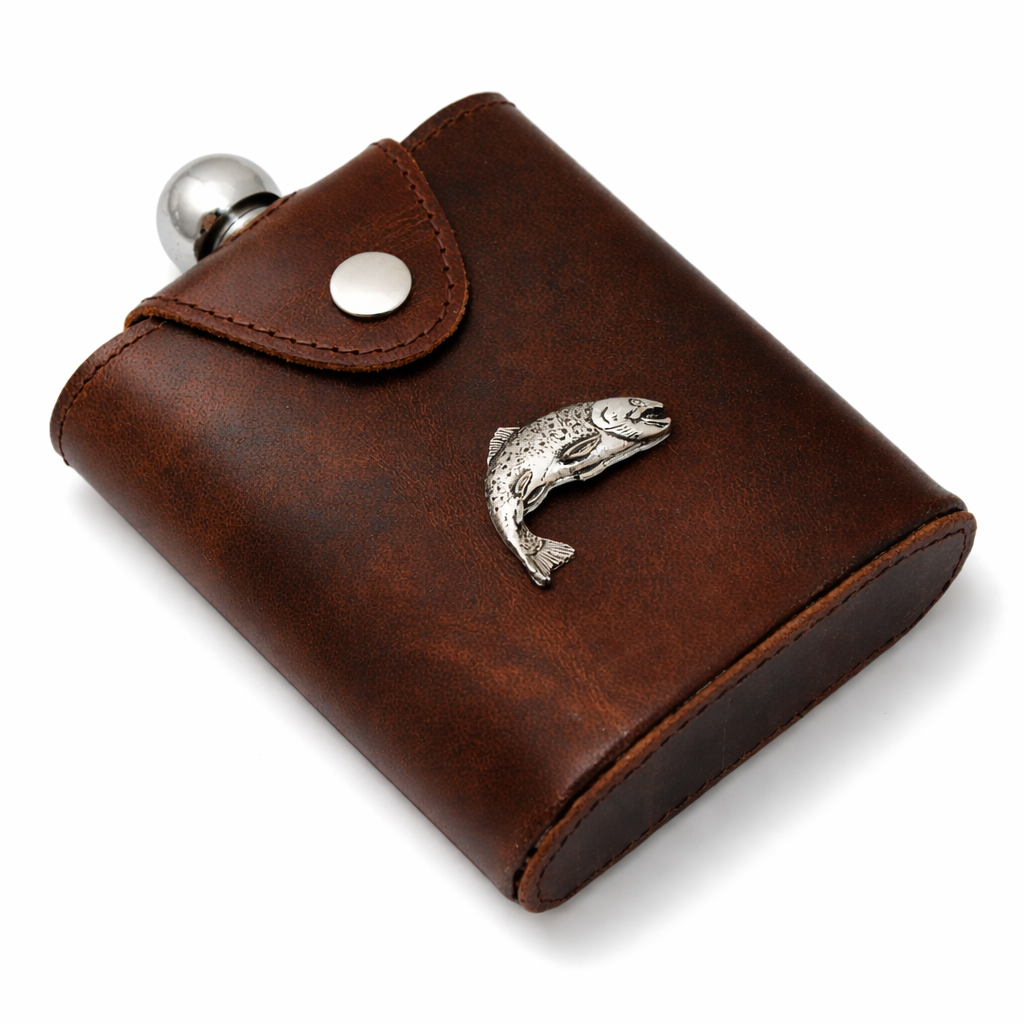 Fly Fishing 6oz Flask In Leather Popper Jacket