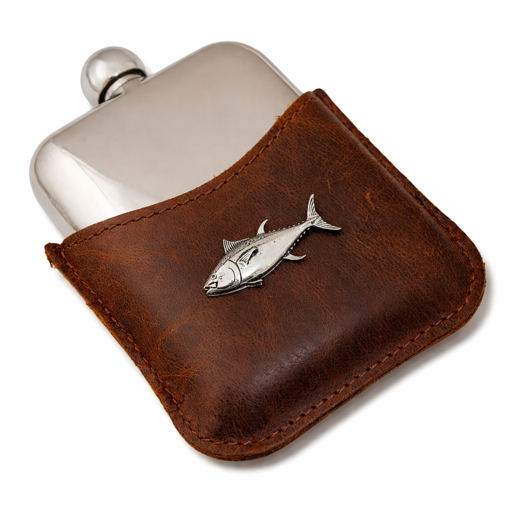 Silver flask with brown leather case featuring a tuna emblem on a white background
