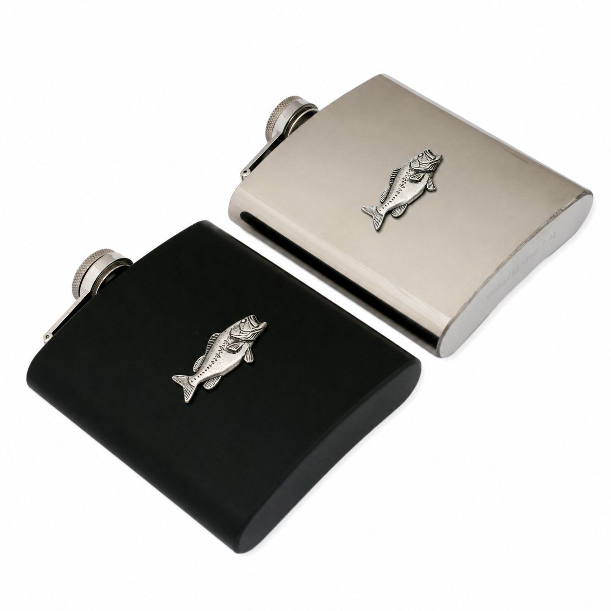 Sea Fishing Hip Flask Silver or Black Traditional Shape 6oz Personalised