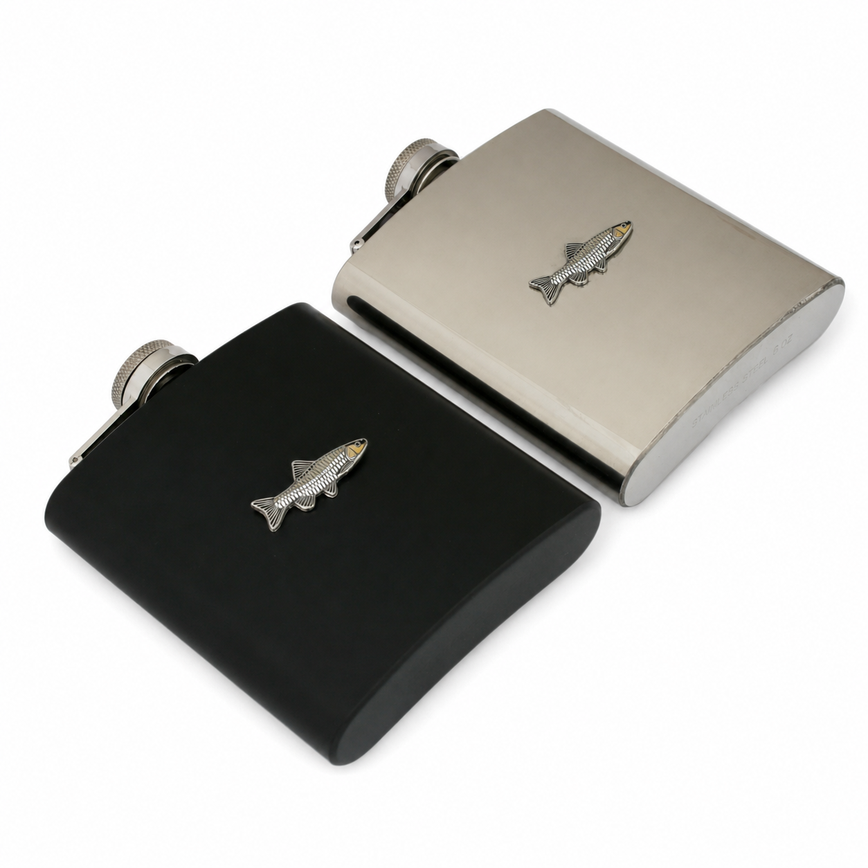 Coarse Fishing Hip Flask Silver or Black Traditional Shape 6oz Personalised
