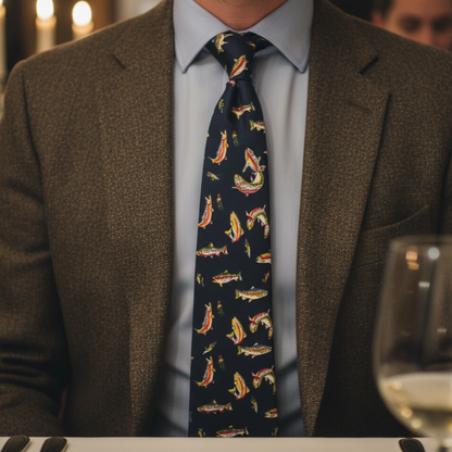 Trout Fish Neck Tie On Navy Background