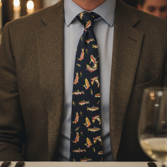 Trout Fish Neck Tie On Navy Background