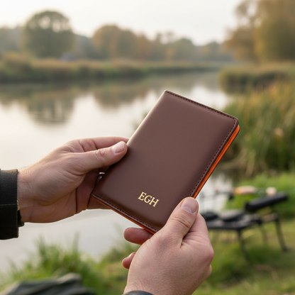 Person holding a brown leather fishing licence holoder with 'EGH' initials by a lake