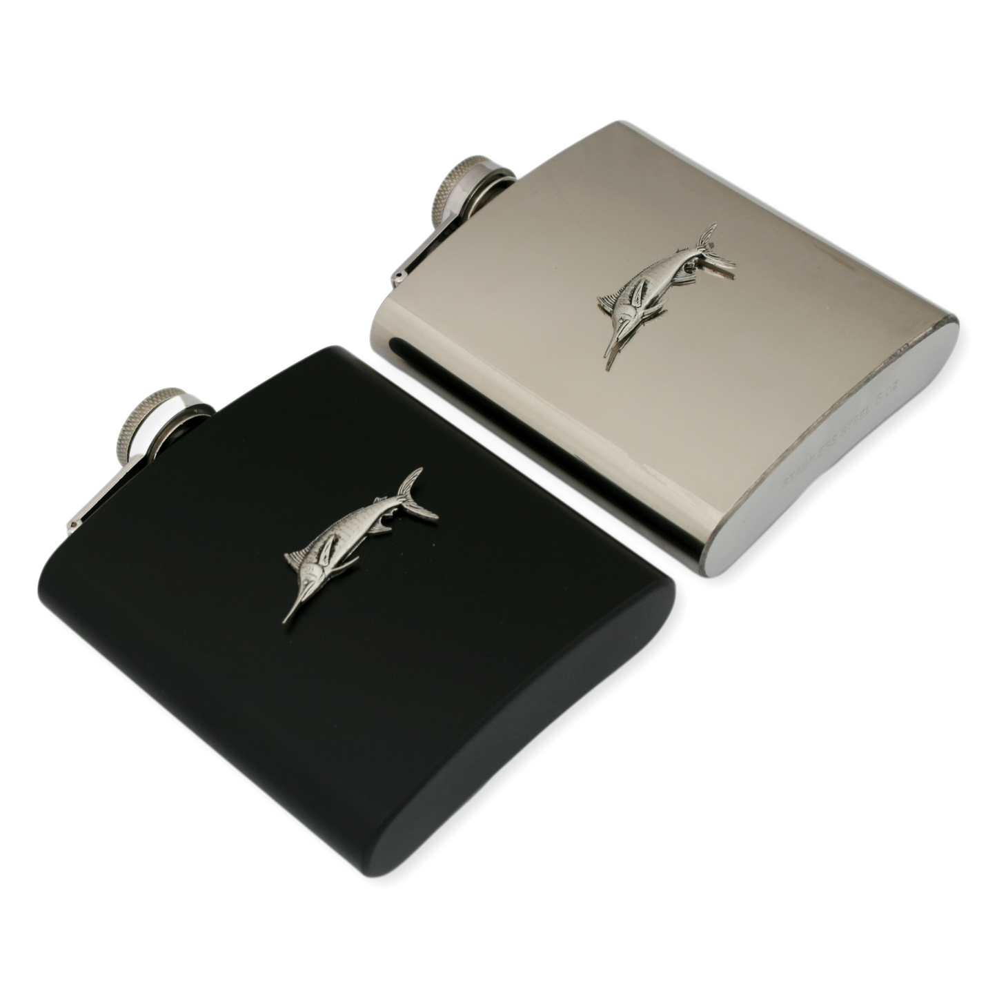 Sea Fishing Hip Flask Silver or Black Traditional Shape 6oz Personalised