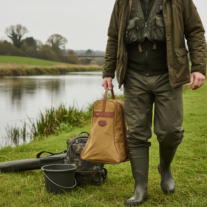 Man in fishingattire holding a tan welly bag by a river